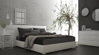 Pencere, göğüs çekmece ve büyük zeytin ağacı ile modern yatak odası, 