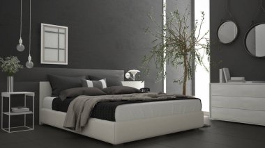 Pencere, göğüs çekmece ve büyük zeytin ağacı ile modern yatak odası, 