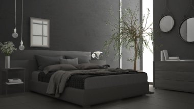 Pencere, göğüs çekmece ve büyük zeytin ağacı ile modern yatak odası, 