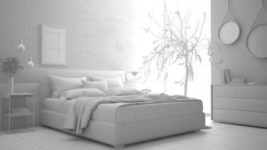 Modern yatak odası, minimalist iç desig toplam beyaz proje