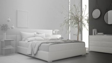 Minimalist modern yatak odası, kroki abstra, tamamlanmamış proje