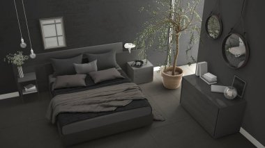 Pencere, göğüs çekmece ve büyük zeytin ağacı ile modern yatak odası, 