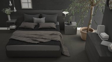 Pencere, göğüs çekmece ve büyük zeytin ağacı ile modern yatak odası, 