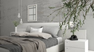 Büyük zeytin ağacı, beton duvar, minimalist içinde modern yatak odası