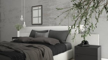 Büyük zeytin ağacı, beton duvar, minimalist içinde modern yatak odası