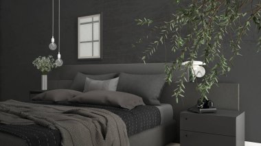 Büyük zeytin ağacı, beton duvar, minimalist içinde modern yatak odası