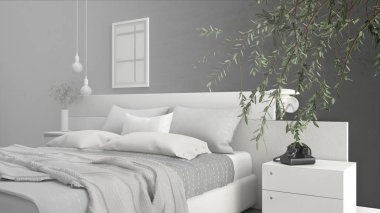 Minimalist modern yatak odası, kroki abstra, tamamlanmamış proje