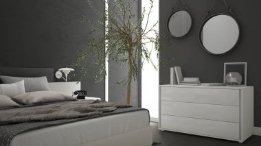 Pencere, göğüs çekmece ve büyük zeytin ağacı ile modern yatak odası, 