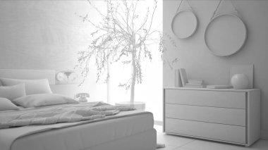 Modern yatak odası, minimalist iç desig toplam beyaz proje