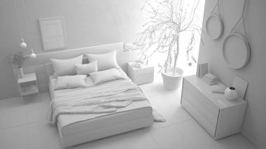 Modern yatak odası, minimalist iç desig toplam beyaz proje
