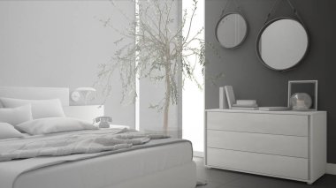 Minimalist modern yatak odası, kroki abstra, tamamlanmamış proje