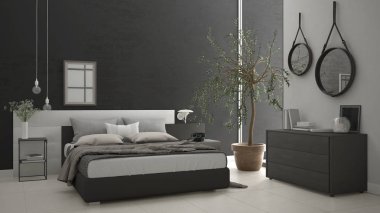 Pencere, göğüs çekmece ve büyük zeytin ağacı ile modern yatak odası, 