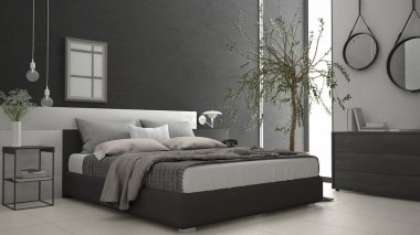 Pencere, göğüs çekmece ve büyük zeytin ağacı ile modern yatak odası, 