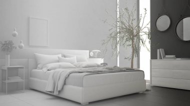 Minimalist modern yatak odası, kroki abstra, tamamlanmamış proje