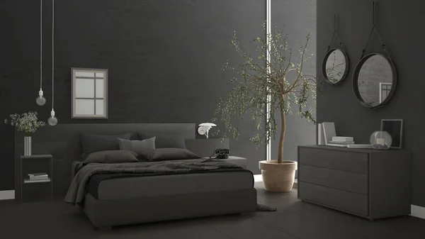Dormitorio moderno con ventana, cómoda y gran olivo , — Foto de Stock