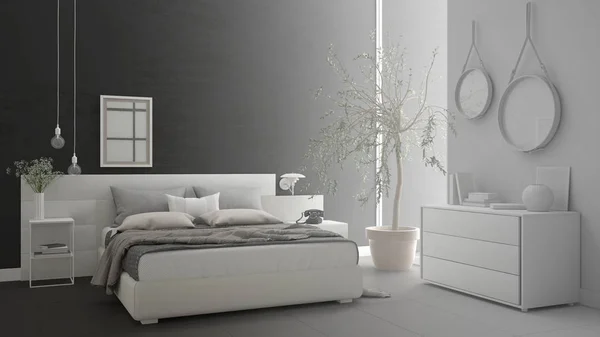 Unfinished project of minimalistic modern bedroom, sketch abstra — Stock Photo, Image