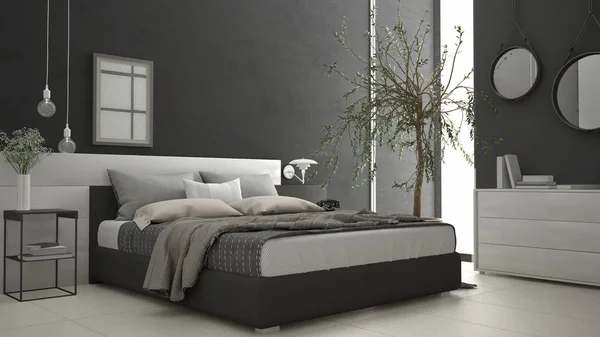 Dormitorio moderno con ventana, cómoda y gran olivo , — Foto de Stock