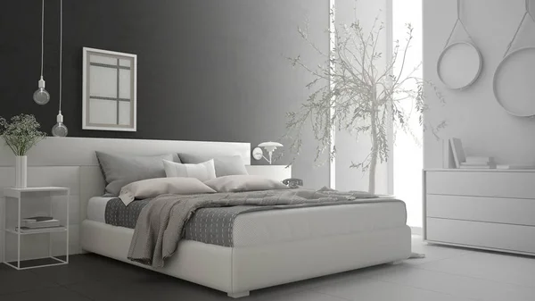Oavslutat projekt av minimalistiska moderna sovrum, skiss Abstr — Stockfoto