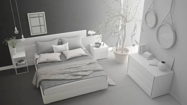 Niedokończony projekt sypialni nowoczesny minimalistyczny, szkic abstra — Zdjęcie stockowe
