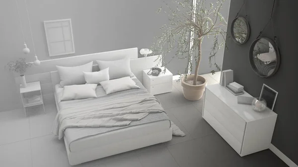 Unfinished project of minimalistic modern bedroom, sketch abstra — Stock Photo, Image