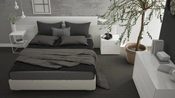 Pencere, göğüs çekmece ve büyük zeytin ağacı ile modern yatak odası, 