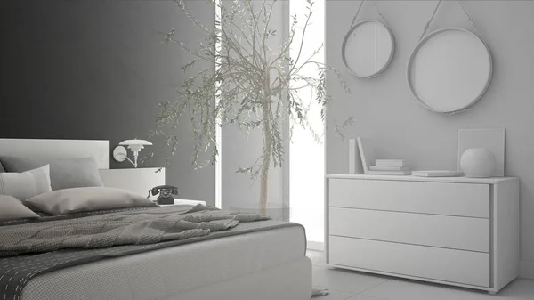 Onvoltooide project van minimalistische moderne slaapkamer, schets abstra — Stockfoto