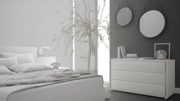 Незавершенный проект минималистической современной спальни, эскиз абстры — стоковое фото