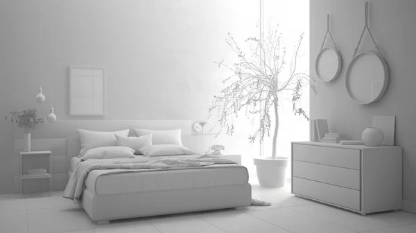 Полный белый проект современной спальни, минималистский интерьер desig — стоковое фото