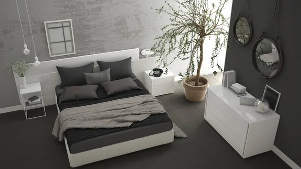 Modernt sovrum med fönster, bröstet av låda och stora olivträd, — Stockfoto