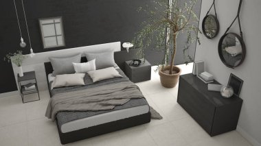 Pencere, göğüs çekmece ve büyük zeytin ağacı ile modern yatak odası, 