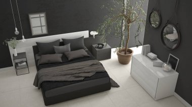 Pencere, göğüs çekmece ve büyük zeytin ağacı ile modern yatak odası, 