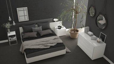 Pencere, göğüs çekmece ve büyük zeytin ağacı ile modern yatak odası, 