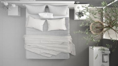 Minimalist modern yatak odası, kroki abstra, tamamlanmamış proje