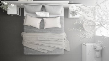 Minimalist modern yatak odası, kroki abstra, tamamlanmamış proje