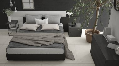 Pencere, göğüs çekmece ve büyük zeytin ağacı ile modern yatak odası, 