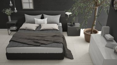 Pencere, göğüs çekmece ve büyük zeytin ağacı ile modern yatak odası, 