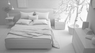 Modern yatak odası, minimalist iç desig toplam beyaz proje