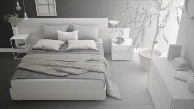 Minimalist modern yatak odası, kroki abstra, tamamlanmamış proje