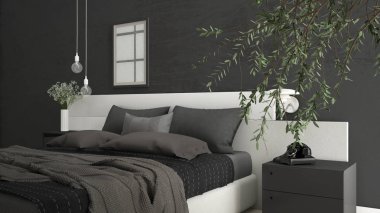 Büyük zeytin ağacı, beton duvar, minimalist içinde modern yatak odası