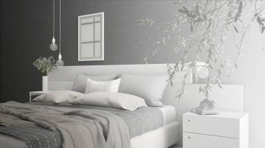 Minimalist modern yatak odası, kroki abstra, tamamlanmamış proje