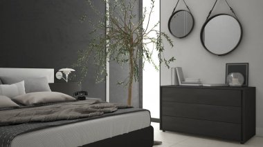 Pencere, göğüs çekmece ve büyük zeytin ağacı ile modern yatak odası, 