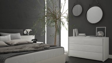 Pencere, göğüs çekmece ve büyük zeytin ağacı ile modern yatak odası, 