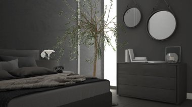 Pencere, göğüs çekmece ve büyük zeytin ağacı ile modern yatak odası, 