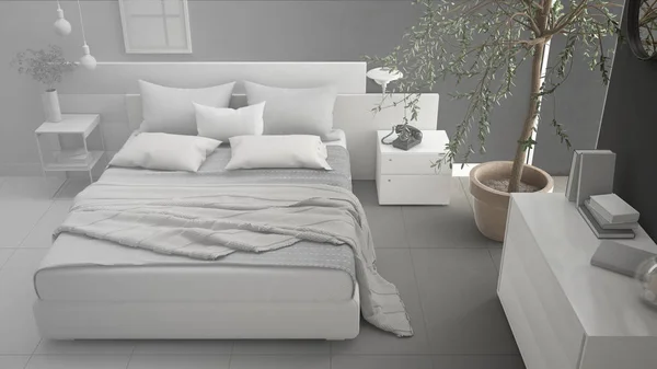 Minimalist modern yatak odası, kroki abstra, tamamlanmamış proje — Stok fotoğraf