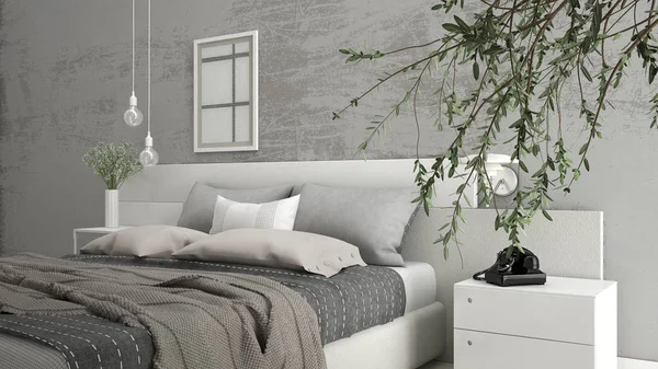 Büyük zeytin ağacı, beton duvar, minimalist içinde modern yatak odası