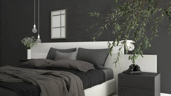 Büyük zeytin ağacı, beton duvar, minimalist içinde modern yatak odası