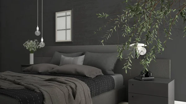 Büyük zeytin ağacı, beton duvar, minimalist içinde modern yatak odası