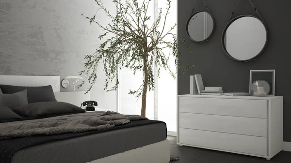 Nowoczesna sypialnia z okna, komoda, szuflady i duże drzewo oliwne, — Zdjęcie stockowe
