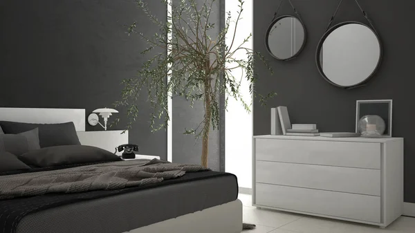Nowoczesna sypialnia z okna, komoda, szuflady i duże drzewo oliwne, — Zdjęcie stockowe