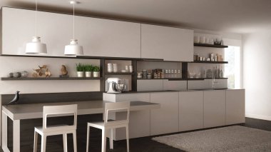 Tahta detaylar, masa ve sandalyeler ile minimalist modern mutfak,